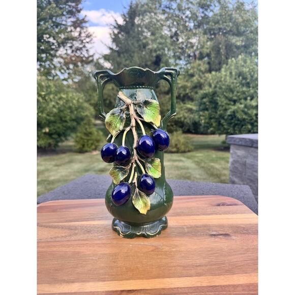 Vintage Josef Strnact Art Nouveau Majolica Vase With Grapes On Branches 11” Tall - Picture 2 of 12